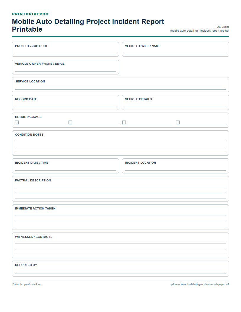 Mobile Auto Detailing Project Incident Report Printable preview