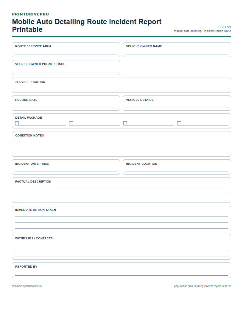 Mobile Auto Detailing Route Incident Report Printable preview