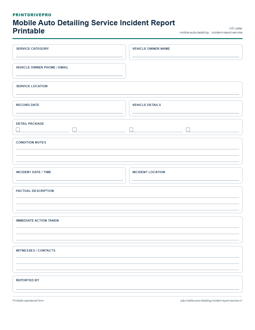 Mobile Auto Detailing Service Incident Report Printable preview