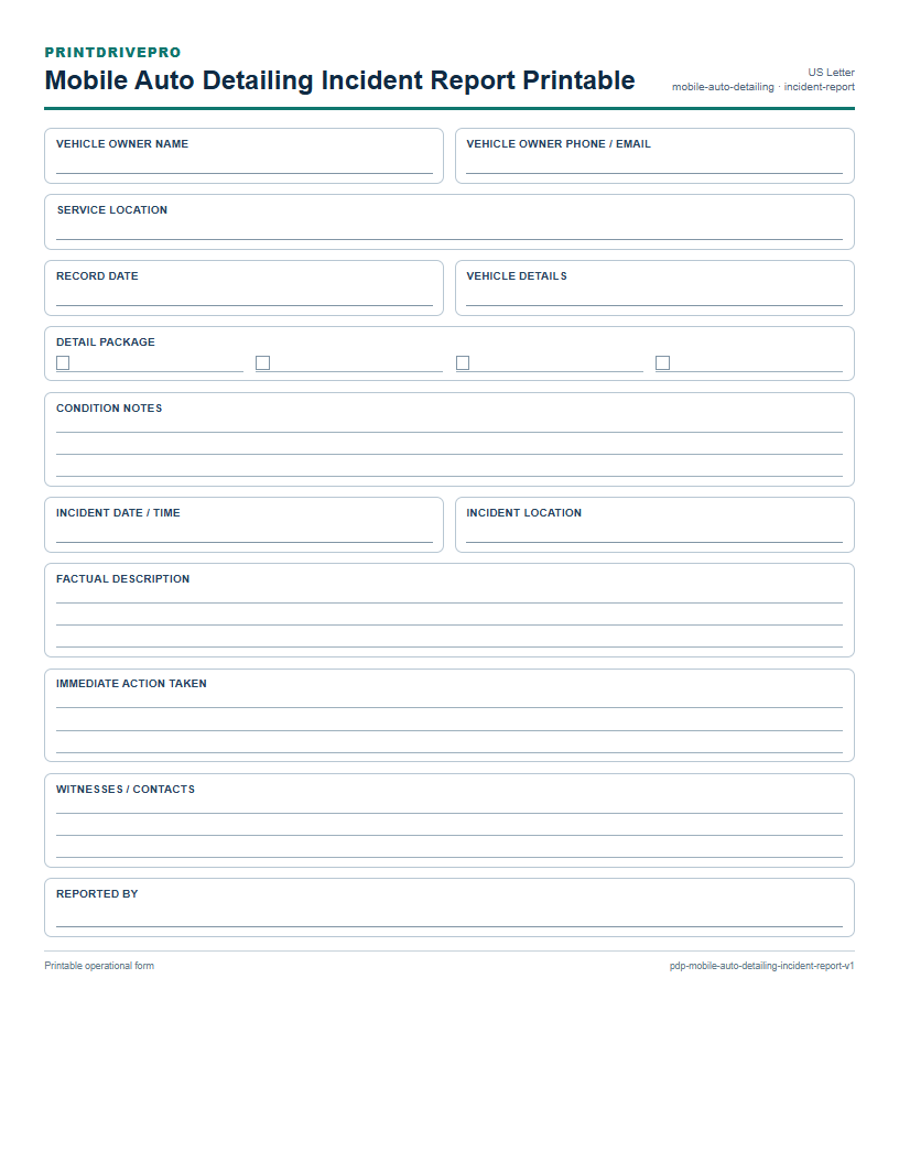 Mobile Auto Detailing Incident Report Printable preview