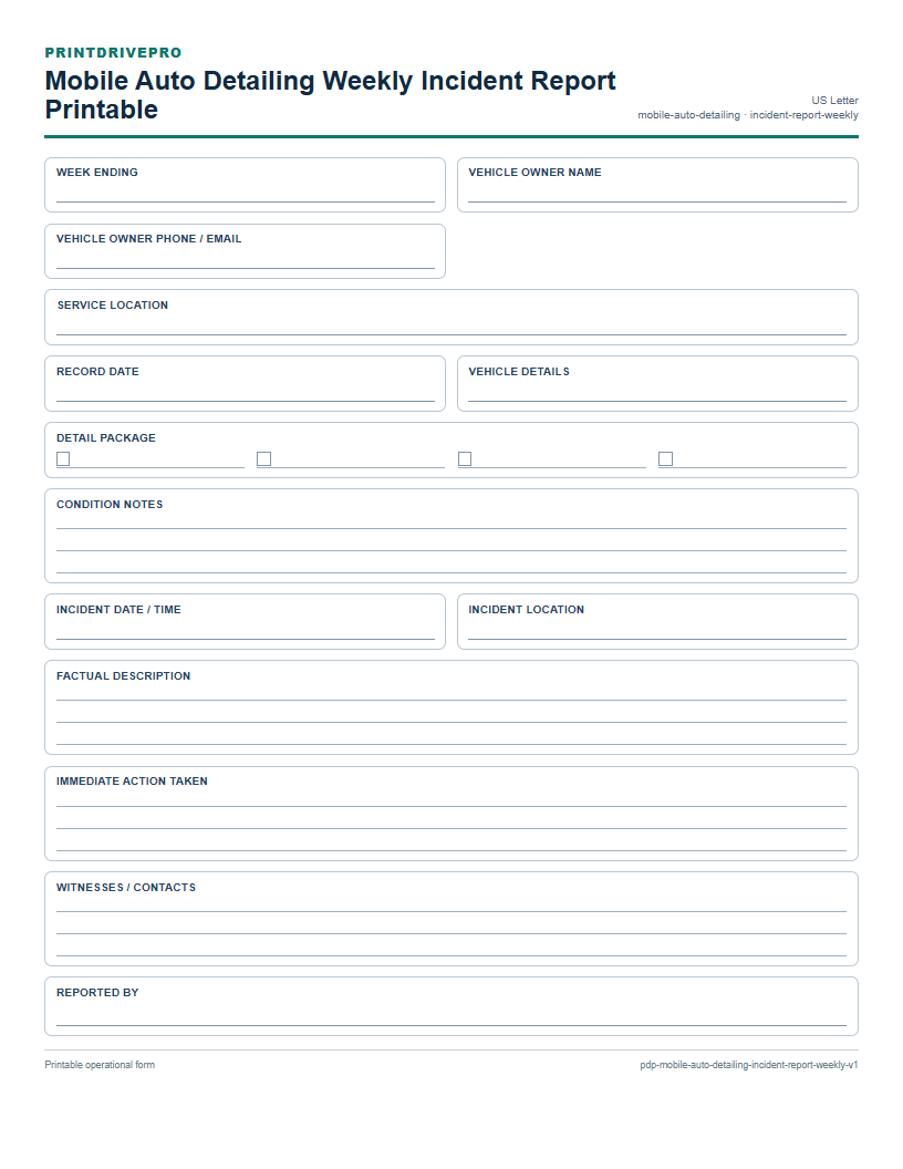 Mobile Auto Detailing Weekly Incident Report Printable preview