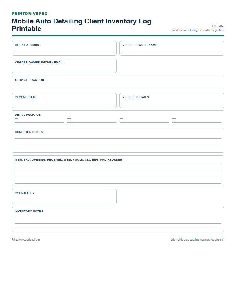 Mobile Auto Detailing Client Inventory Log Printable preview