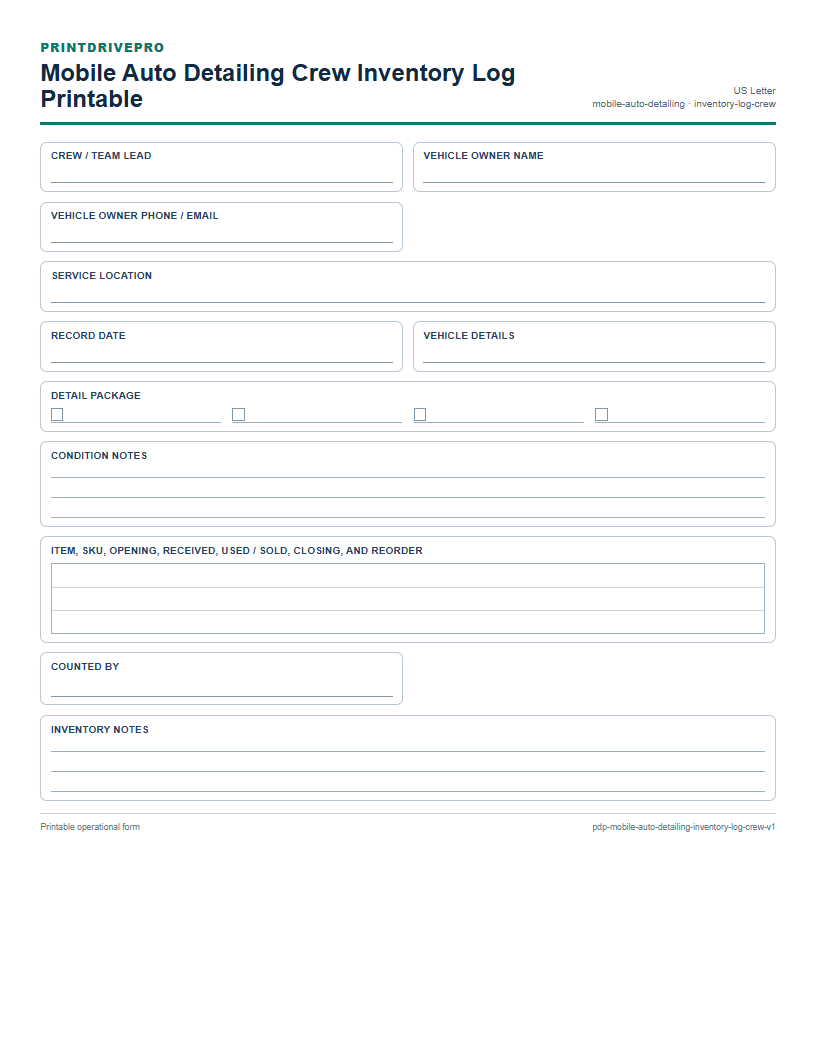 Mobile Auto Detailing Crew Inventory Log Printable preview