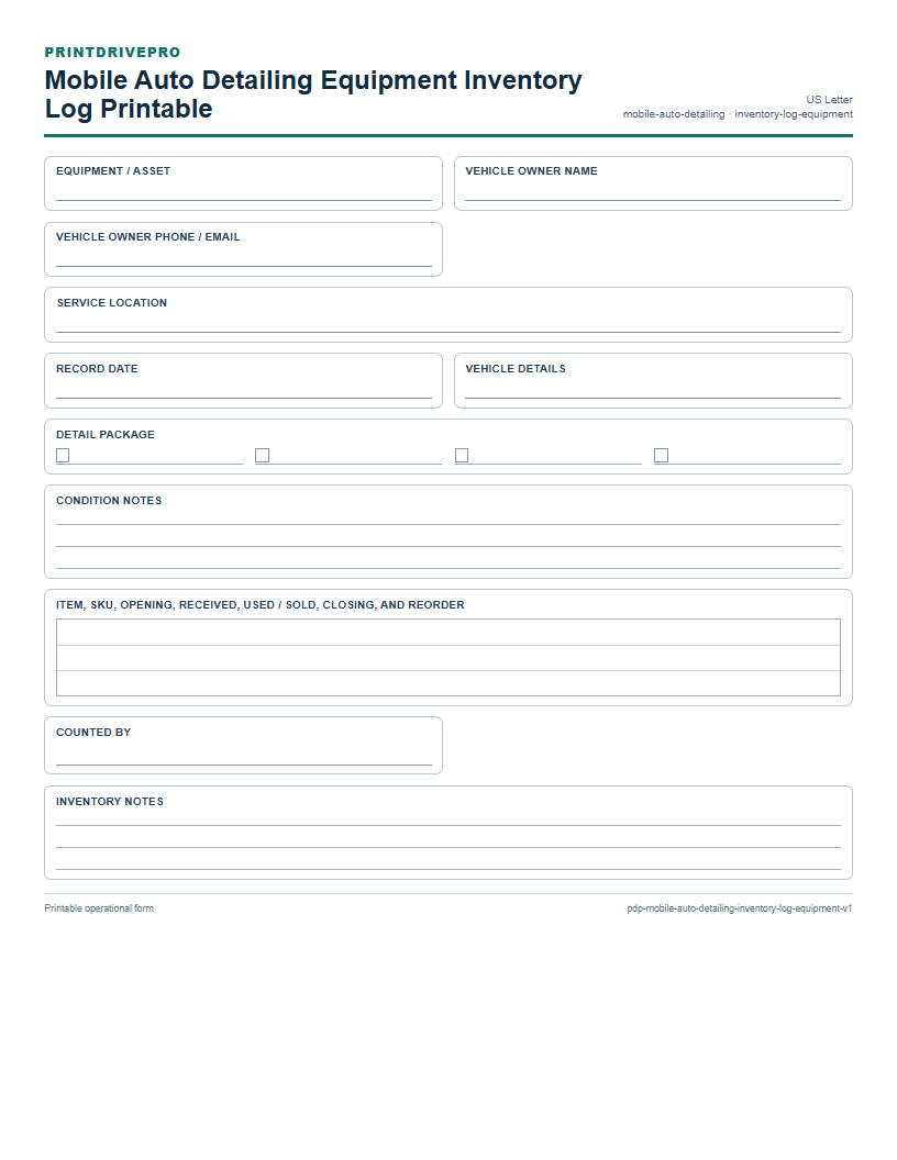Mobile Auto Detailing Equipment Inventory Log Printable preview