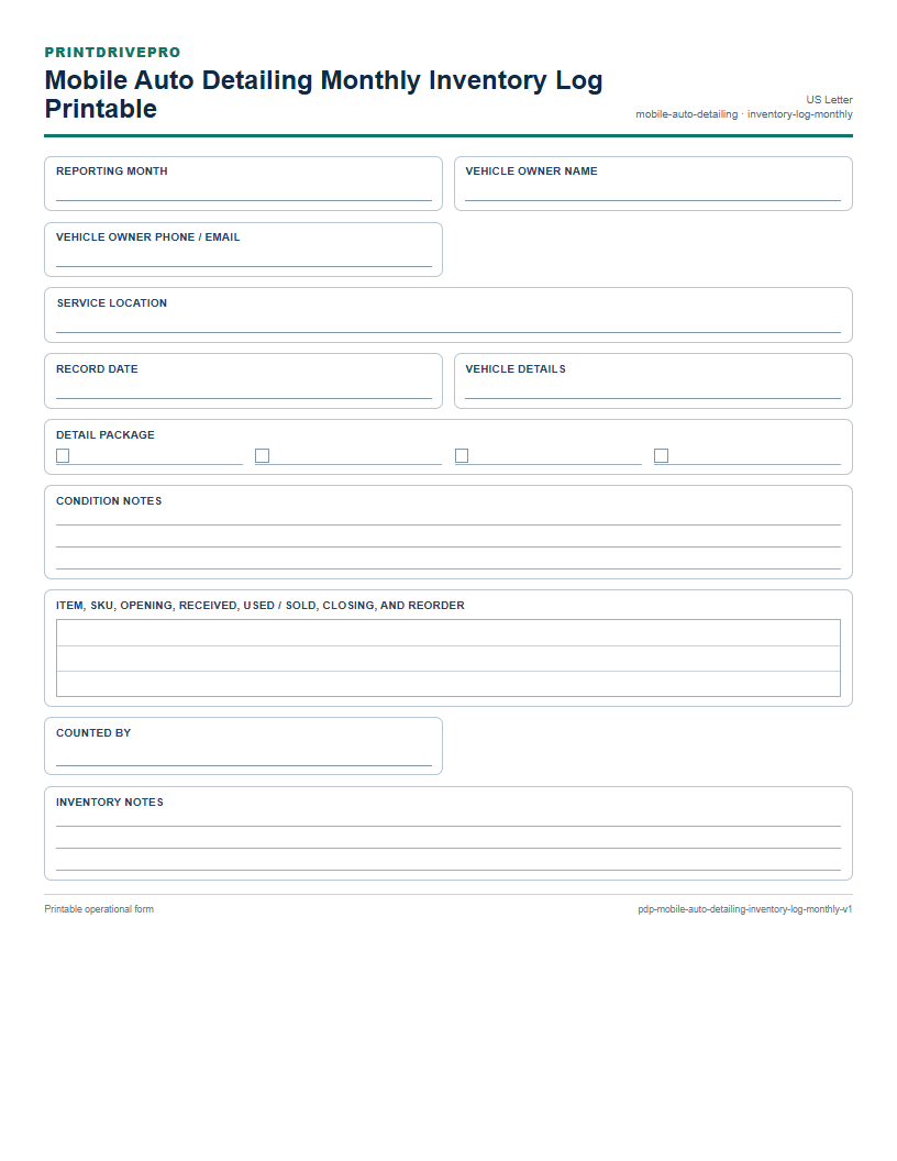 Mobile Auto Detailing Monthly Inventory Log Printable preview