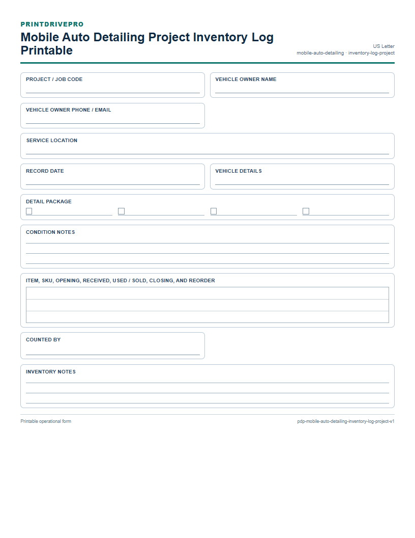 Mobile Auto Detailing Project Inventory Log Printable preview