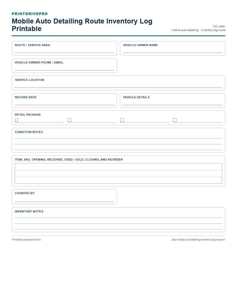 Mobile Auto Detailing Route Inventory Log Printable preview