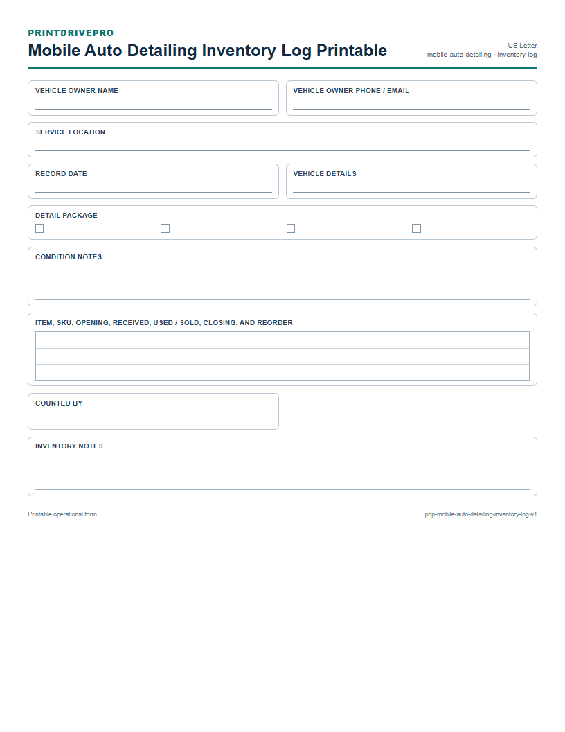 Mobile Auto Detailing Inventory Log Printable preview