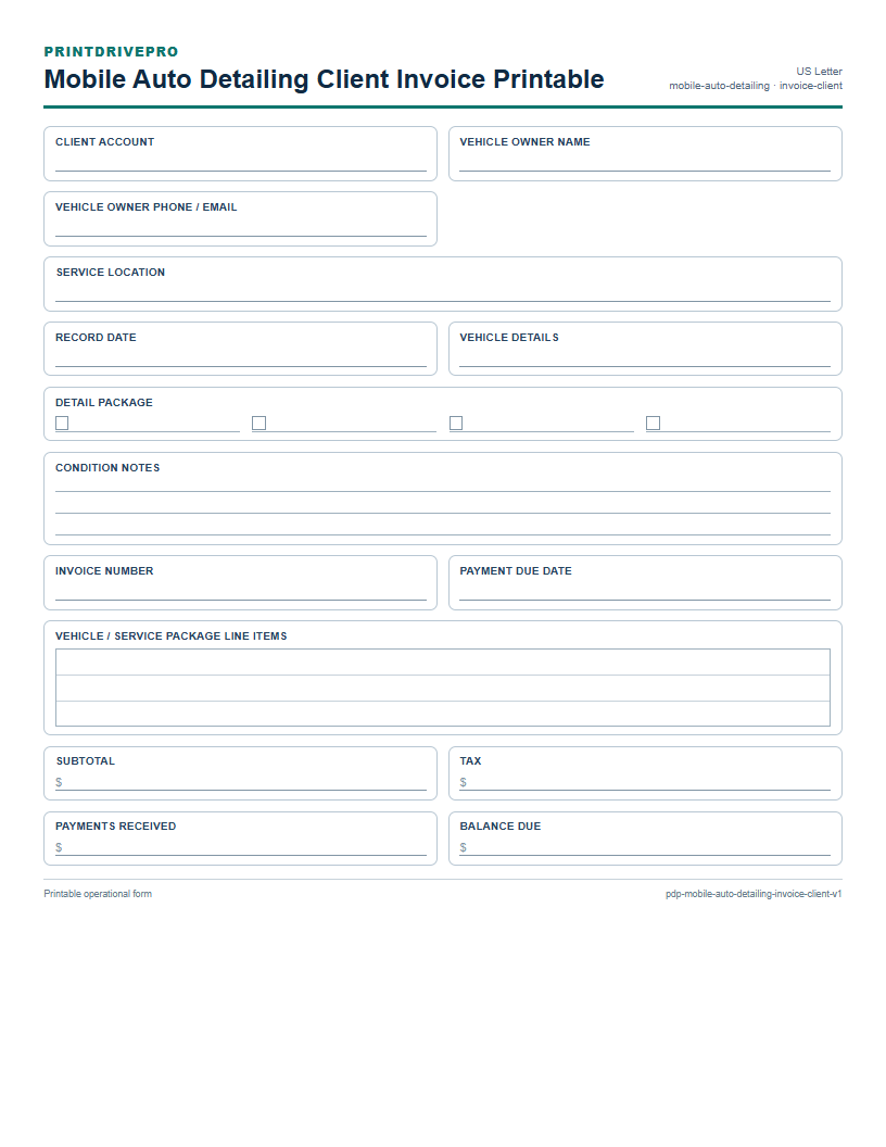 Mobile Auto Detailing Client Invoice Printable preview