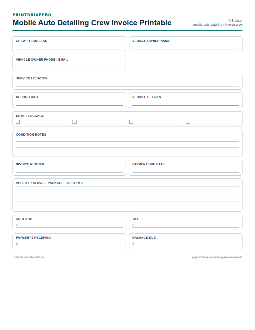 Mobile Auto Detailing Crew Invoice Printable preview
