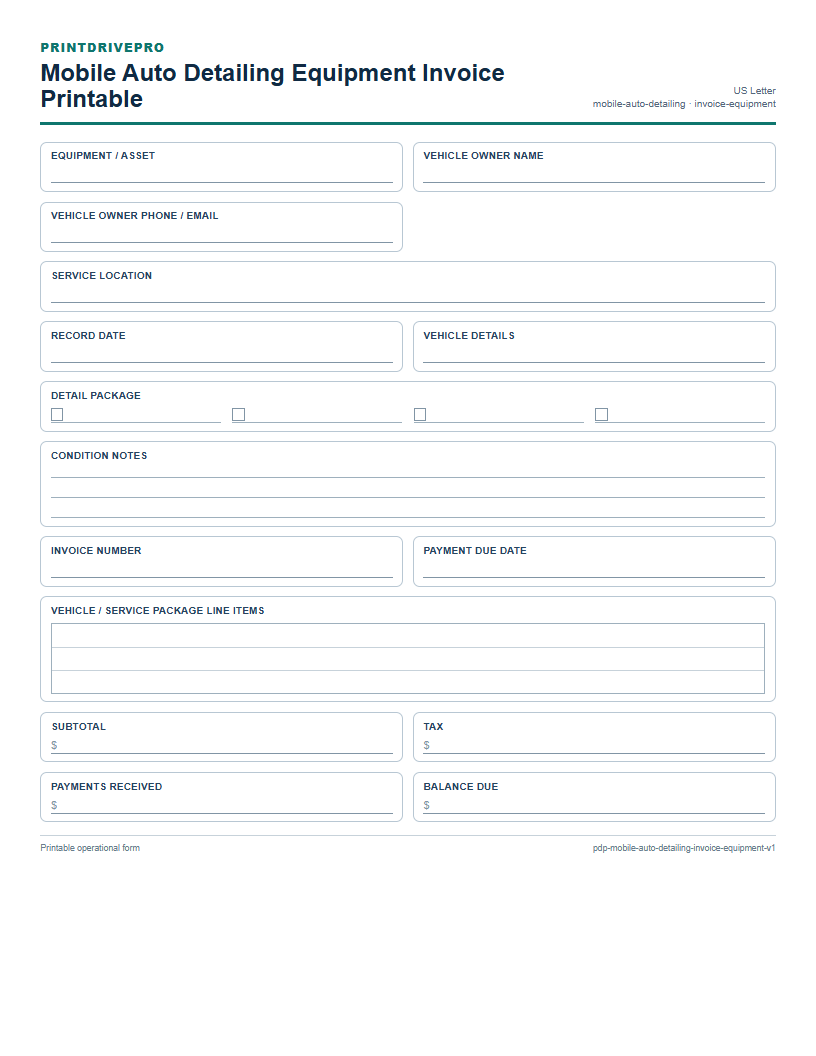 Mobile Auto Detailing Equipment Invoice Printable preview