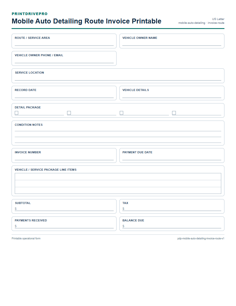 Mobile Auto Detailing Route Invoice Printable preview