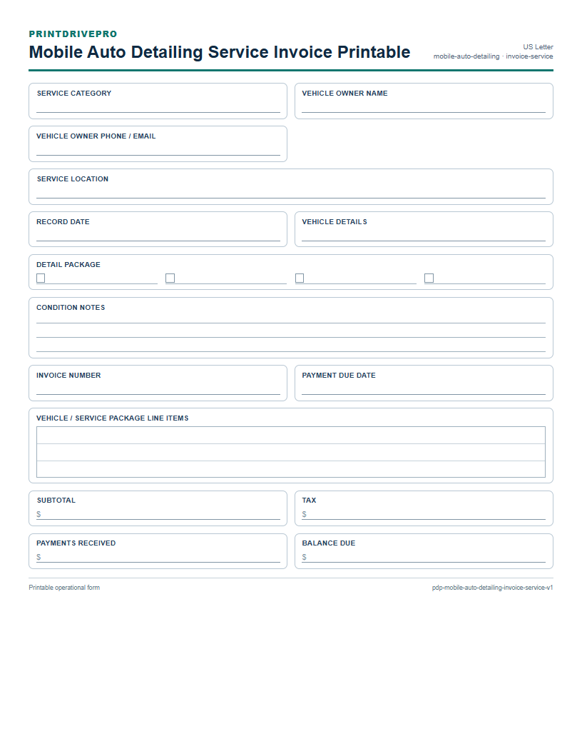 Mobile Auto Detailing Service Invoice Printable preview