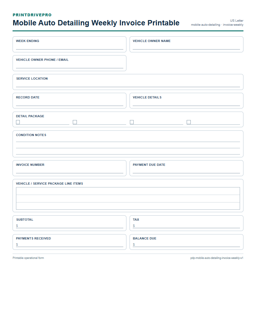 Mobile Auto Detailing Weekly Invoice Printable preview