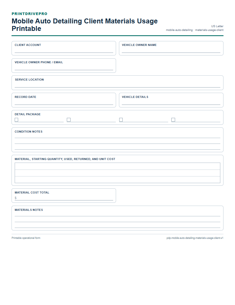 Mobile Auto Detailing Client Materials Usage Printable preview