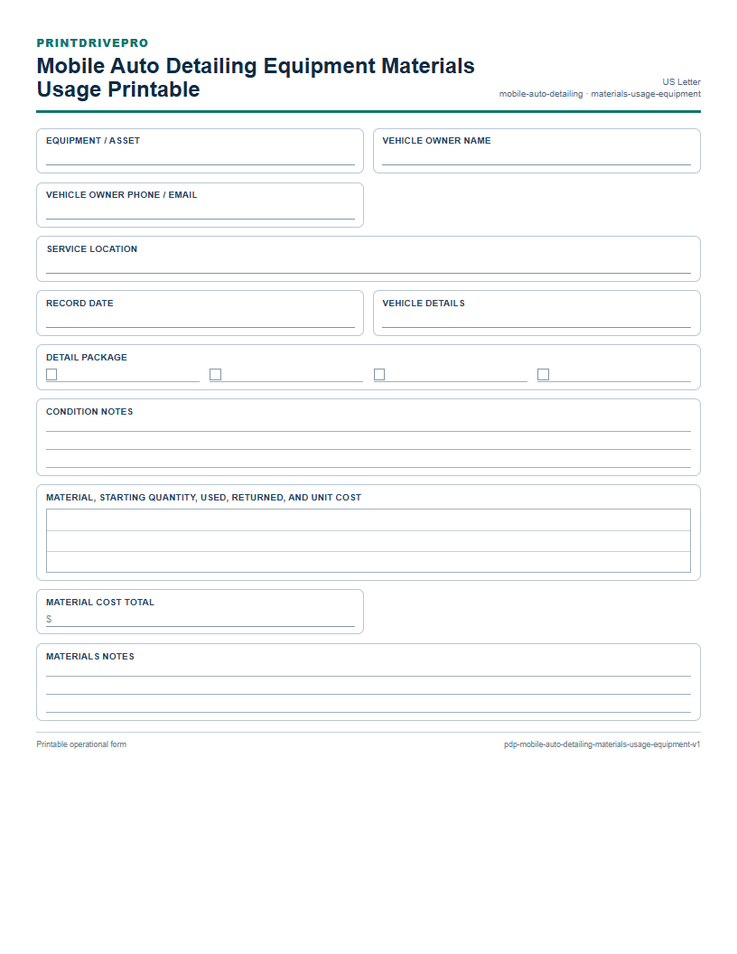 Mobile Auto Detailing Equipment Materials Usage Printable preview
