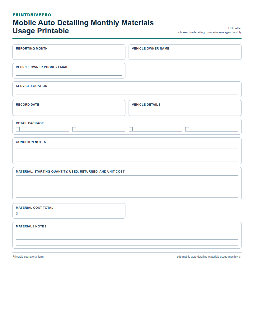 Mobile Auto Detailing Monthly Materials Usage Printable preview