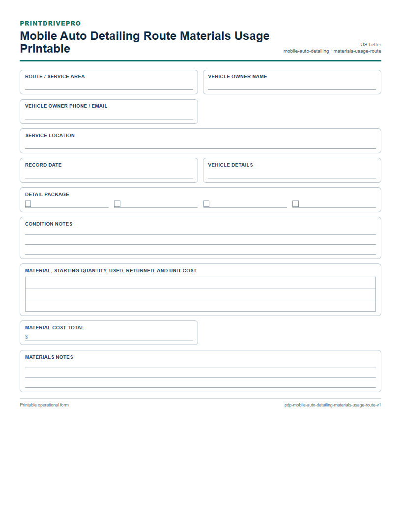 Mobile Auto Detailing Route Materials Usage Printable preview