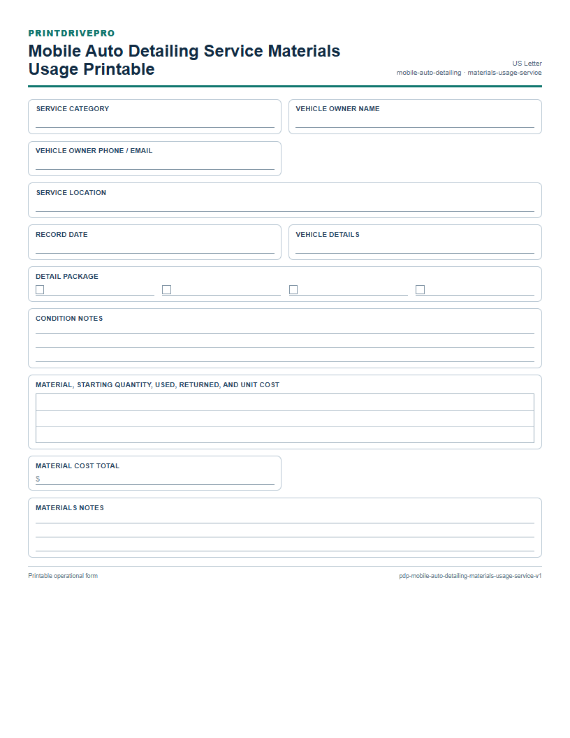Mobile Auto Detailing Service Materials Usage Printable preview