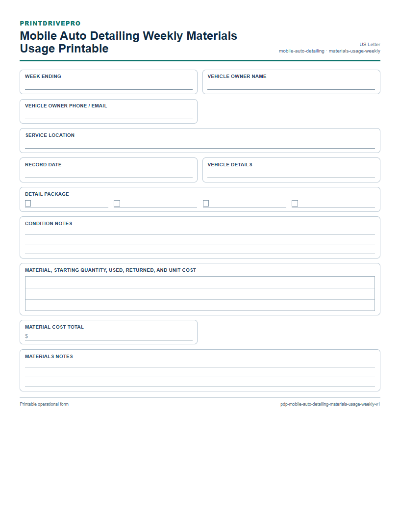Mobile Auto Detailing Weekly Materials Usage Printable preview
