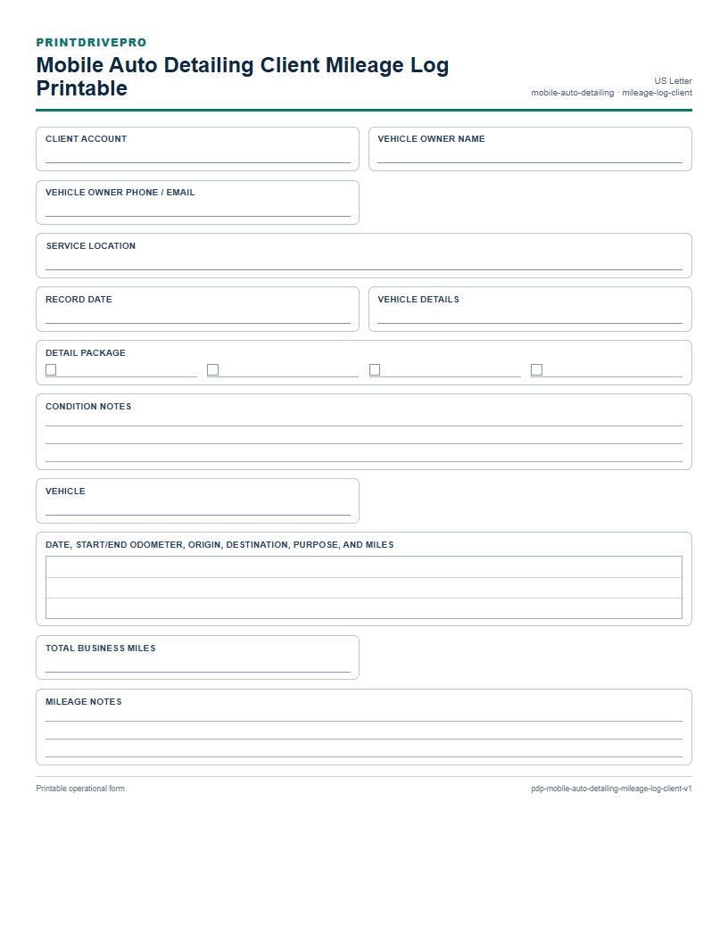 Mobile Auto Detailing Client Mileage Log Printable preview
