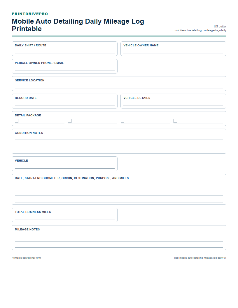 Mobile Auto Detailing Daily Mileage Log Printable preview