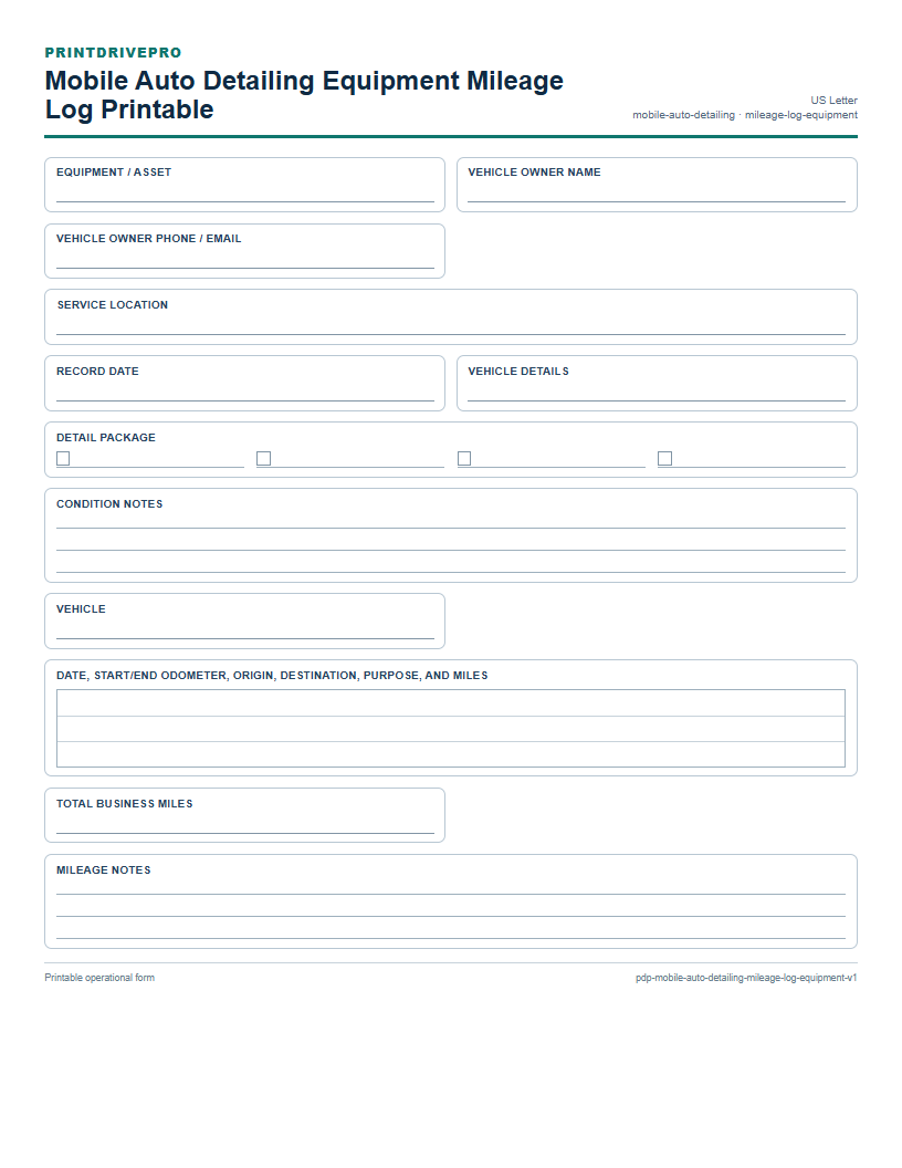 Mobile Auto Detailing Equipment Mileage Log Printable preview