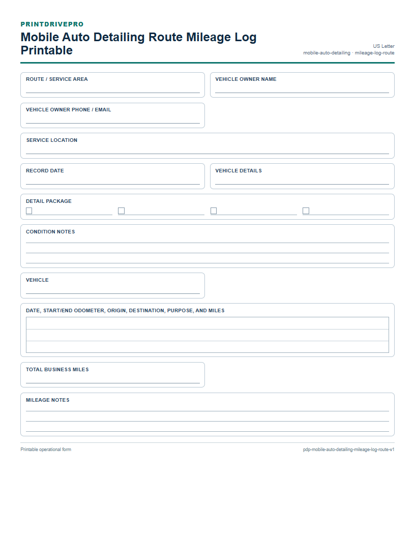 Mobile Auto Detailing Route Mileage Log Printable preview