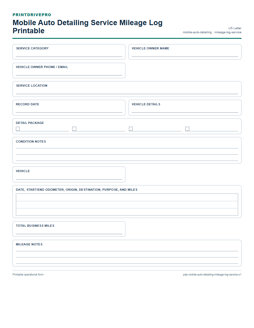 Mobile Auto Detailing Service Mileage Log Printable preview