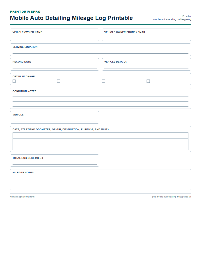 Mobile Auto Detailing Mileage Log Printable preview