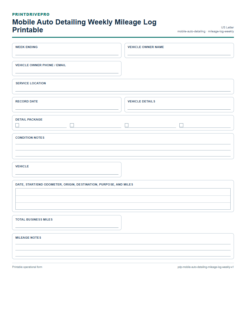 Mobile Auto Detailing Weekly Mileage Log Printable preview