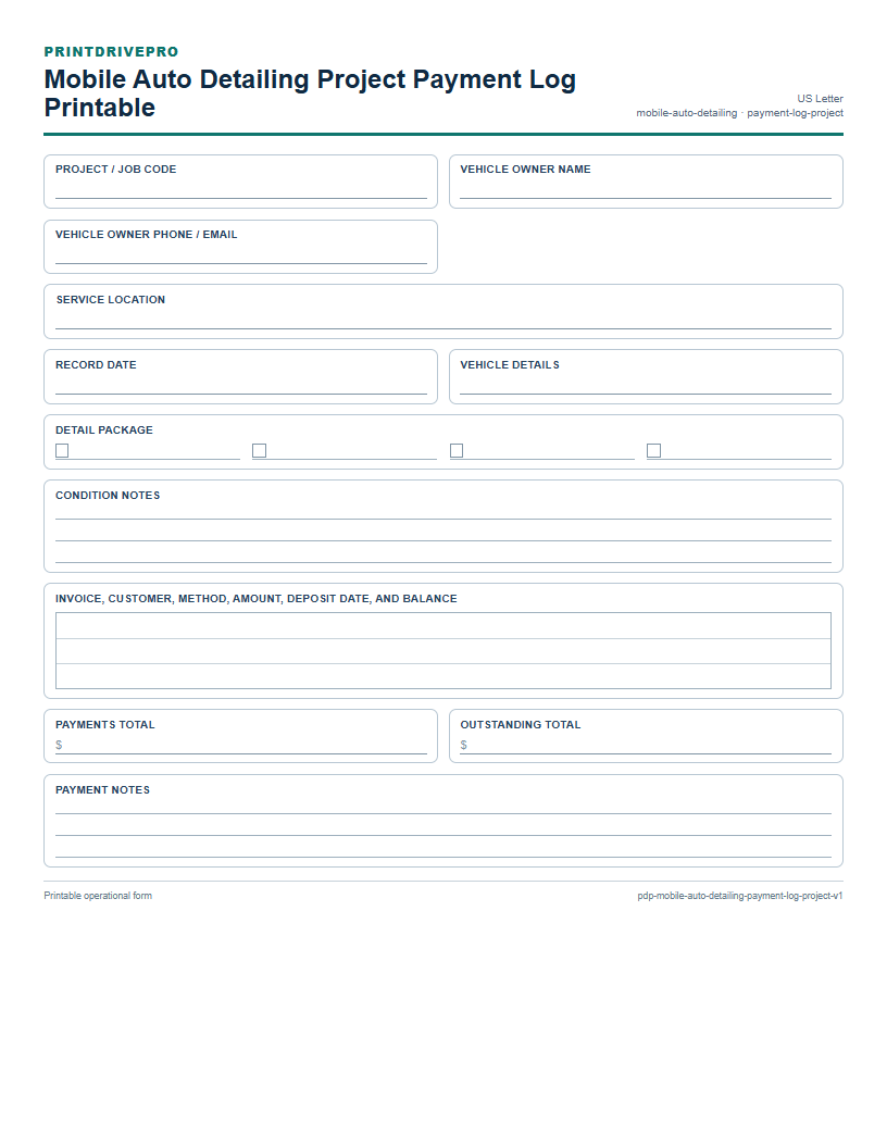 Mobile Auto Detailing Project Payment Log Printable preview