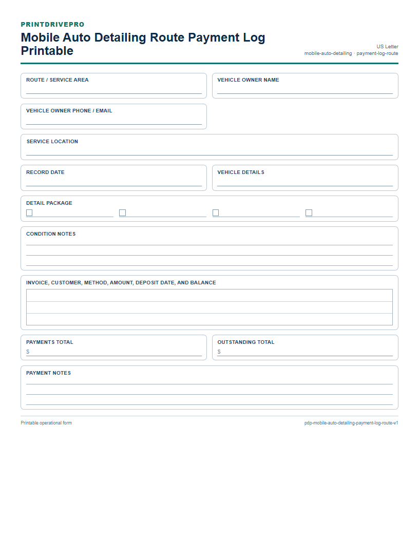 Mobile Auto Detailing Route Payment Log Printable preview