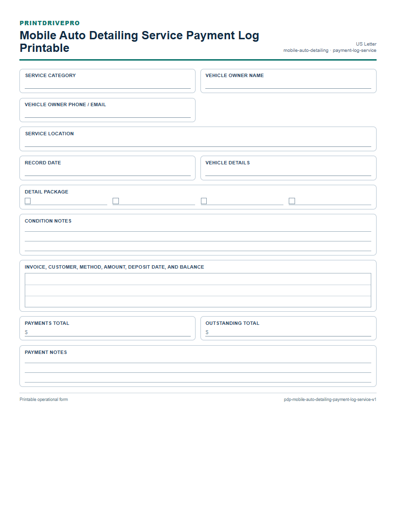 Mobile Auto Detailing Service Payment Log Printable preview