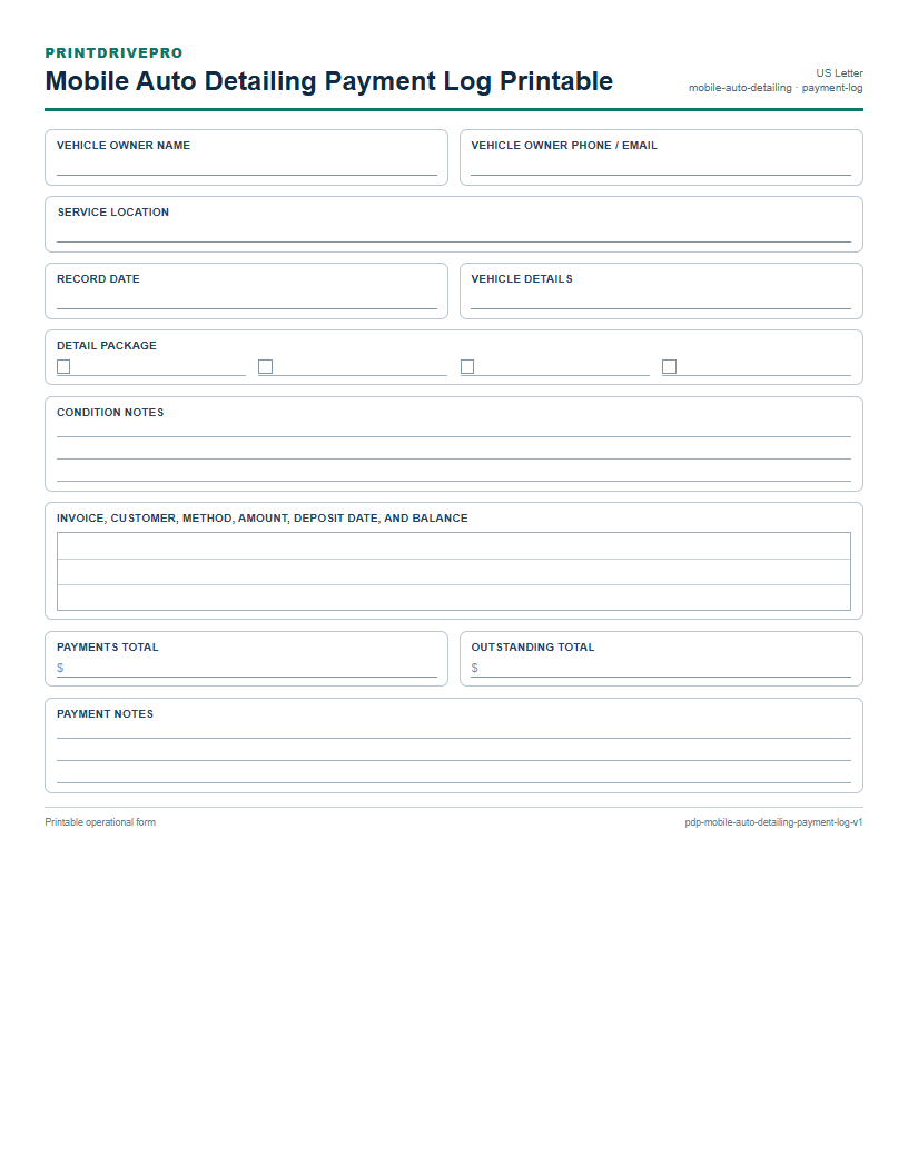 Mobile Auto Detailing Payment Log Printable preview