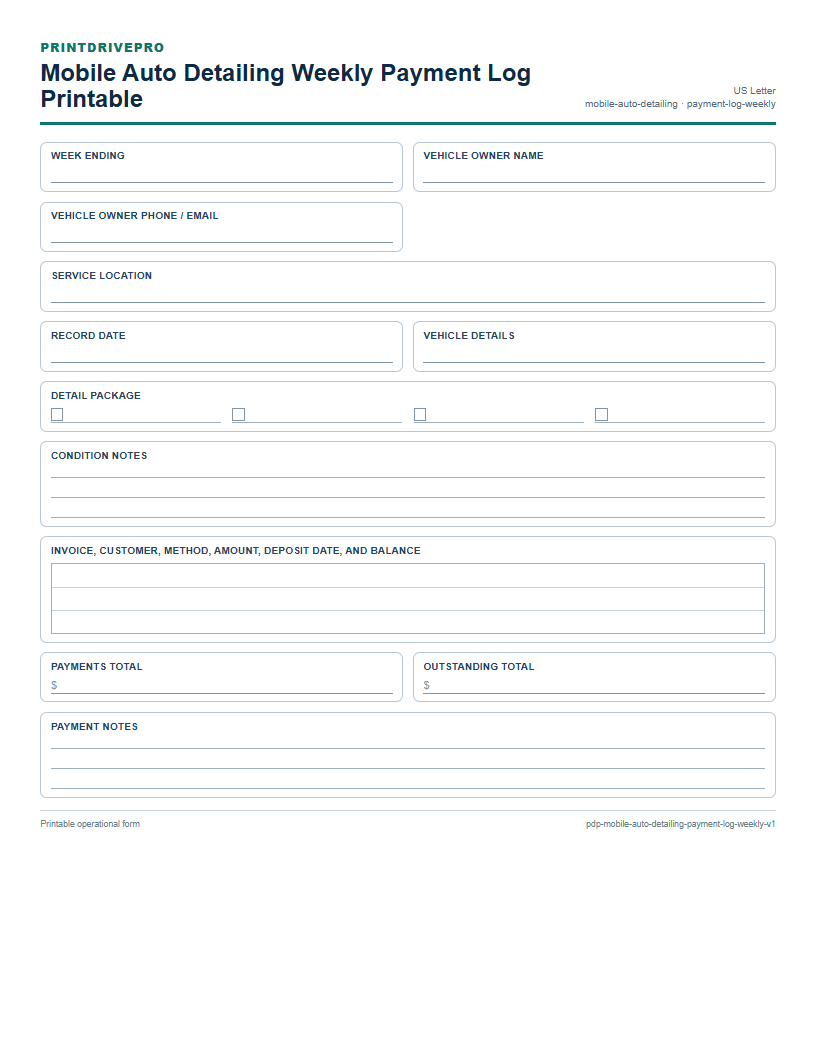 Mobile Auto Detailing Weekly Payment Log Printable preview