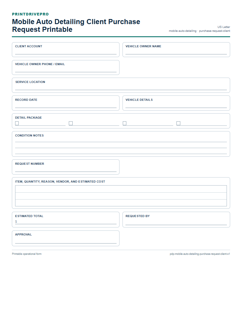 Mobile Auto Detailing Client Purchase Request Printable preview