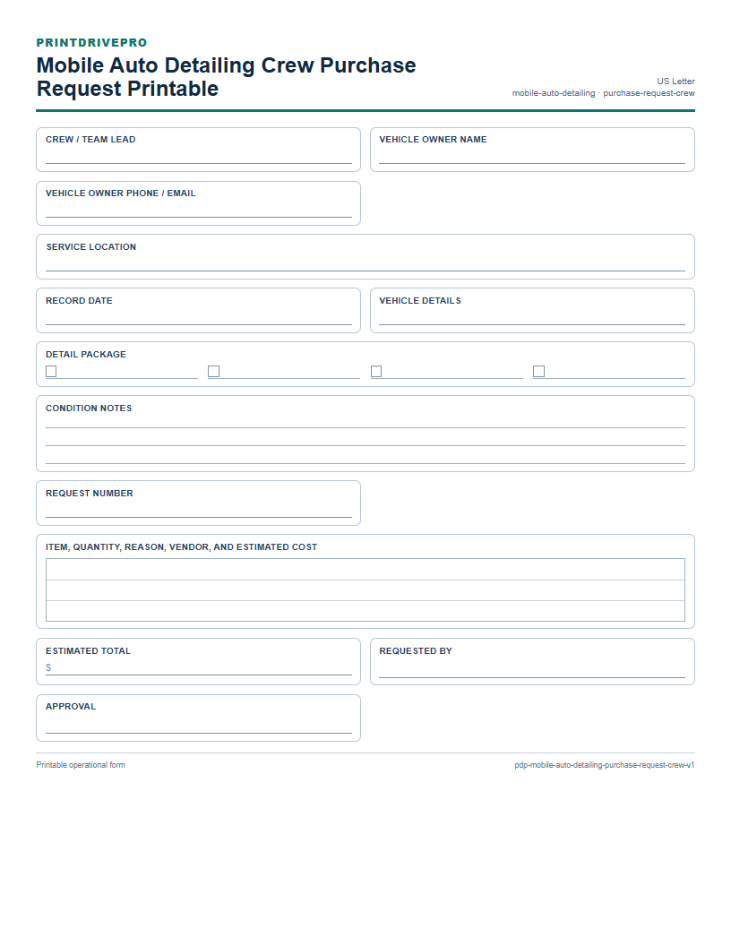 Mobile Auto Detailing Crew Purchase Request Printable preview