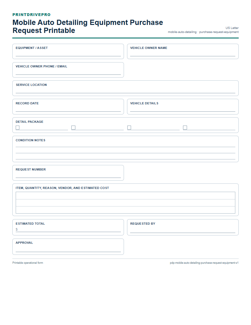 Mobile Auto Detailing Equipment Purchase Request Printable preview