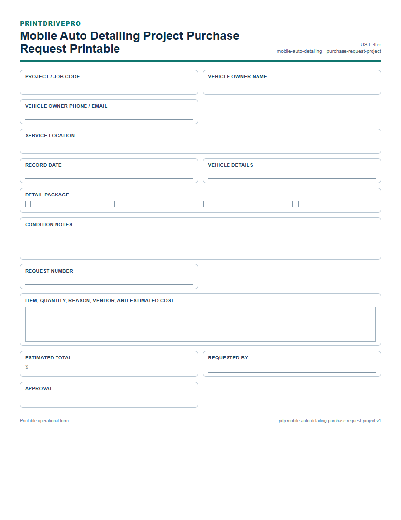 Mobile Auto Detailing Project Purchase Request Printable preview