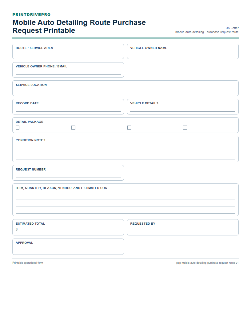 Mobile Auto Detailing Route Purchase Request Printable preview
