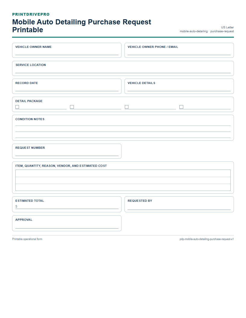 Mobile Auto Detailing Purchase Request Printable preview