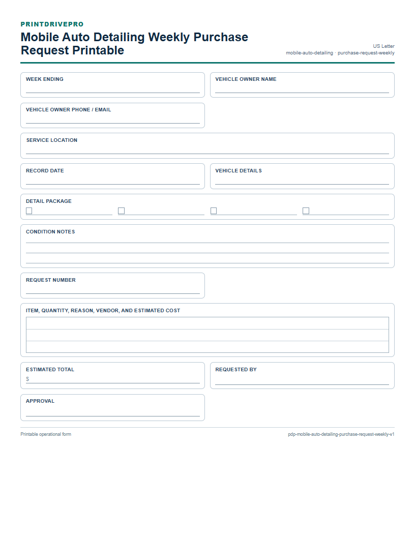 Mobile Auto Detailing Weekly Purchase Request Printable preview