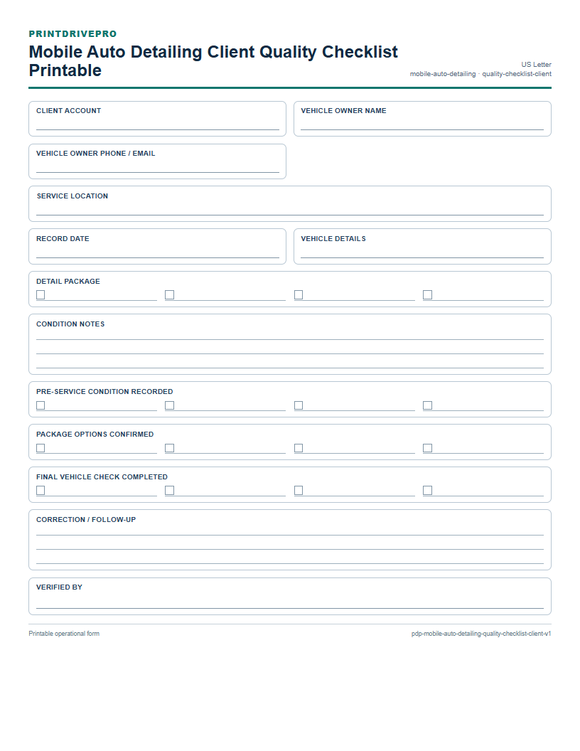 Mobile Auto Detailing Client Quality Checklist Printable preview