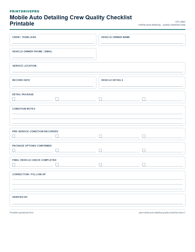 Mobile Auto Detailing Crew Quality Checklist Printable preview