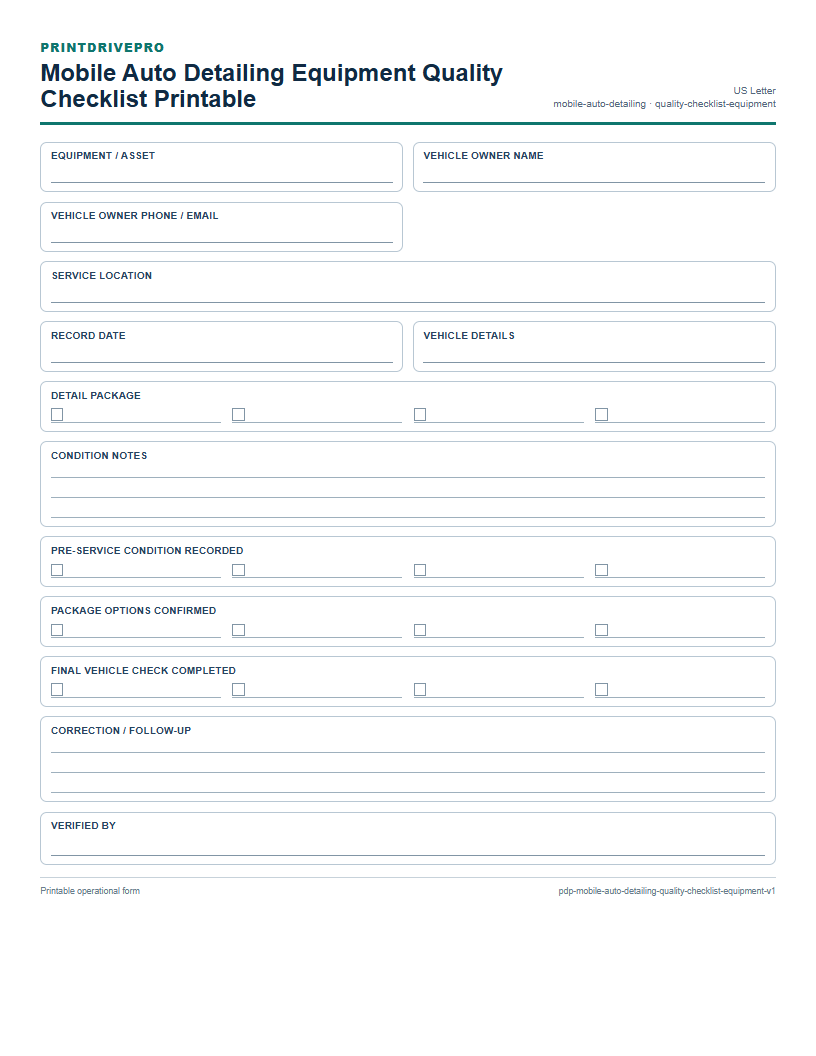 Mobile Auto Detailing Equipment Quality Checklist Printable preview