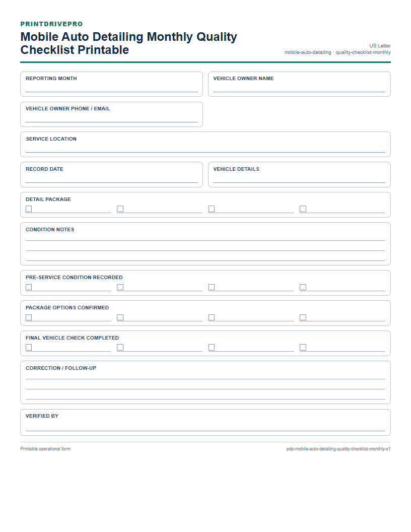 Mobile Auto Detailing Monthly Quality Checklist Printable preview