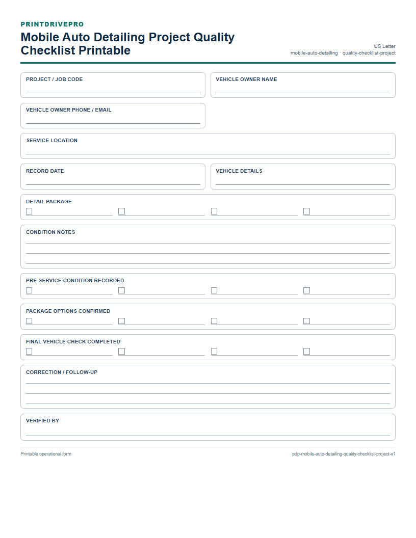 Mobile Auto Detailing Project Quality Checklist Printable preview