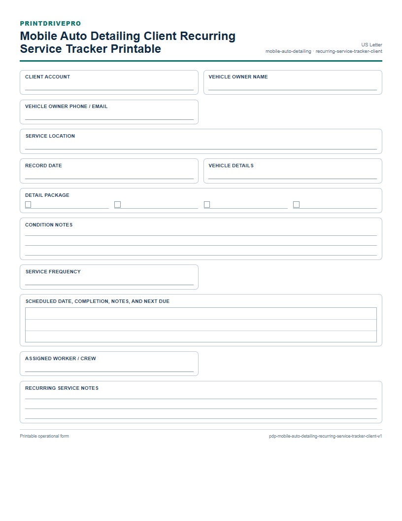 Mobile Auto Detailing Client Recurring Service Tracker Printable preview