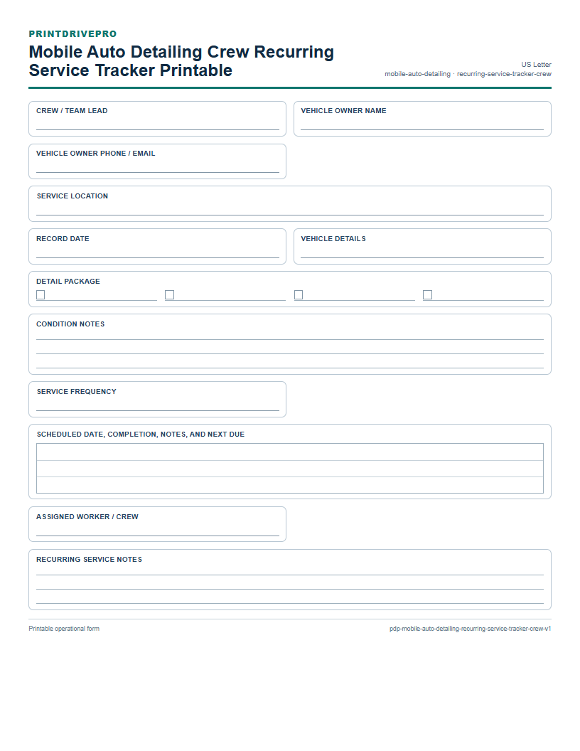 Mobile Auto Detailing Crew Recurring Service Tracker Printable preview
